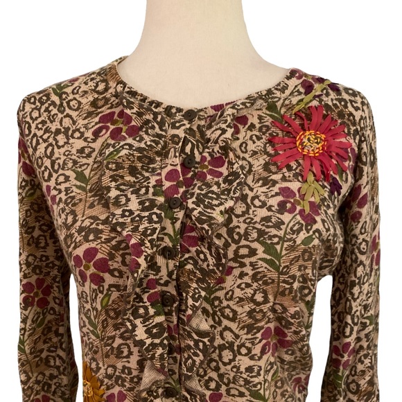 Sparrow Anthro Embellished Floral Leopard Ruffle Draped Cashmere Cardigan - XS - Picture 3 of 13